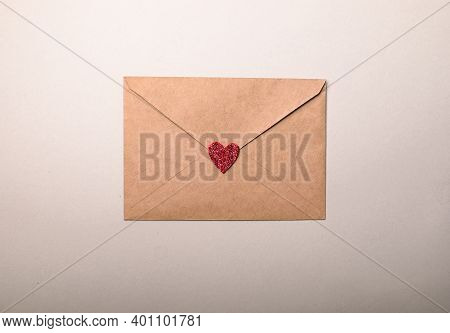 Paper Envelope With Valentines Hearts On Gray Background. Flat Lay, Top View. Romantic Love Letter F