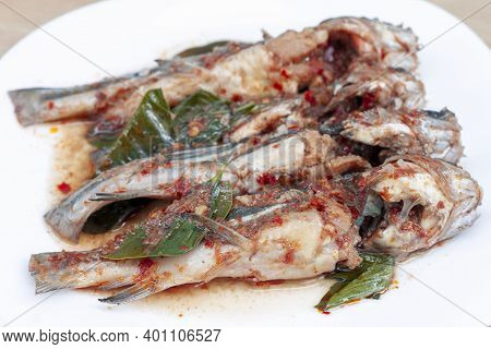 Fried Twospot Catfish With Spawn In Red Spicy Curry Sauce Or Chuchee In White Plate On Wooden Table.