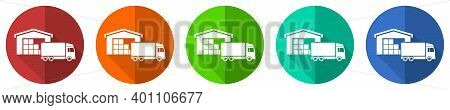 Warehouse And Truck, Delivery, Freight Concept Vector Icon Set, Red, Blue, Green And Orange Flat Des