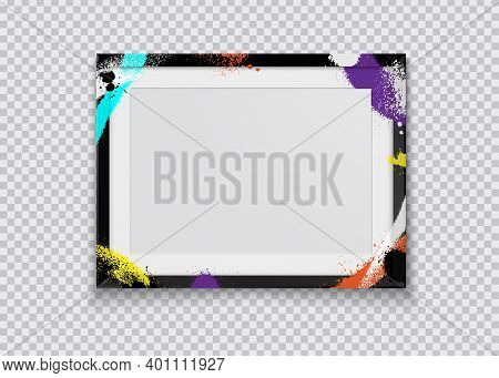 Realistic Black Photo Frame Painted With Graffiti Paint On A Transparent Background. Vector Illustra