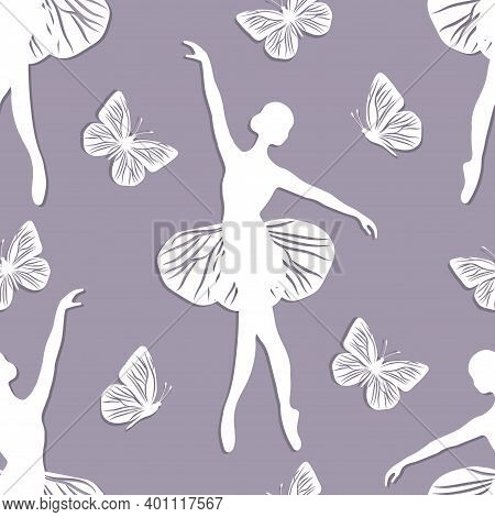 Seamless Pattern With Dancing Girl And Butterflies