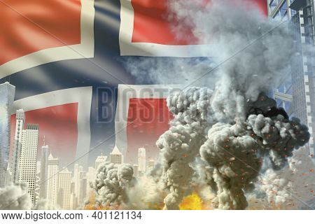 Huge Smoke Pillar With Fire In Abstract City - Concept Of Industrial Blast Or Terrorist Act On Norwa