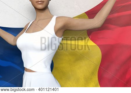 Beautiful Woman Is Holding Romania Flag In Her Hands Behind Her On The White Background - Flag Conce