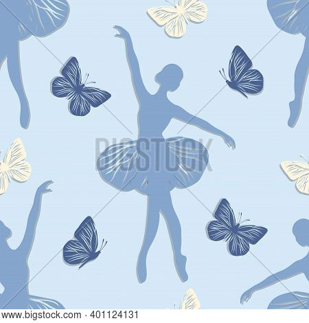 Seamless Pattern With Dancing Girl And Butterflies