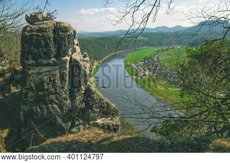 View From The Bastei Mountains Of The Elbe River. Beautiful Landscape Scenery Of Sandstone Mountains