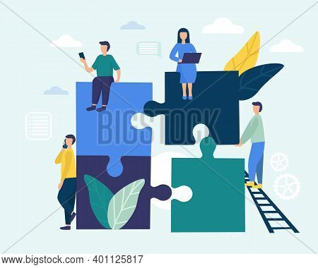 People Connect The Parts Of The Puzzle. Business Concept Of Teamwork. Successful Cooperation And Par