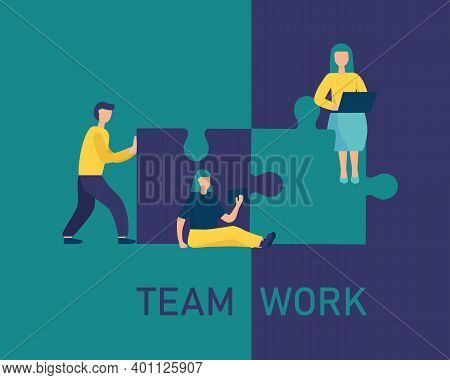 People Connect The Parts Of The Puzzle. Business Concept Of Teamwork. Successful Cooperation And Par