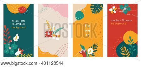 Abstract Flowers Social Media Stories Organic Backgrounds Set With Modern Color Combinations, Shapes