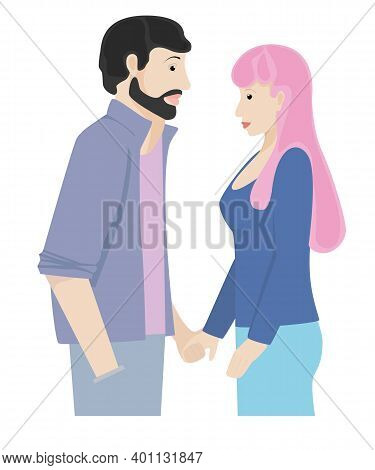 Couple Of People On Valentine S Day Or Weddings, Couple In Love. Date. Pink And Blue Prevails. Simpl