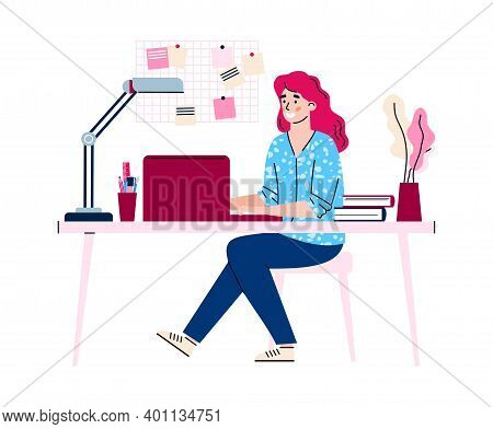 Freelance Work At Home. Busy Business Woman Sitting With Computer At Her Work Desk, Home Office For 