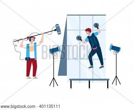 Filmmaking Process With Actor And Sound Engineer. Shooting Video Movie Film In Studio. Modern Indust