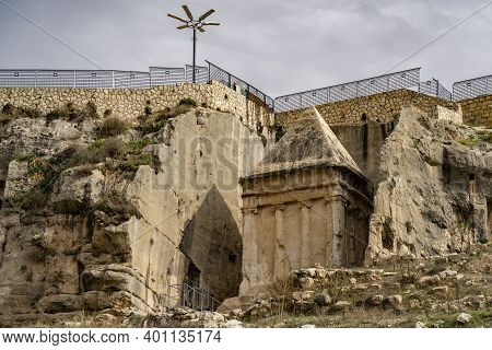 Jerusalem, Israel - December 17th, 2020: The Ancient Tomb Of Zechariah, In The Kidron Valley, Outsid