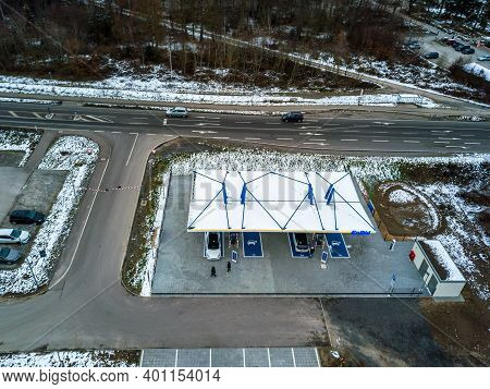 Rutesheim, Germany - December 27, 2020: Aerial Photo Of The Newly Opened Electric Vehicle Charging S
