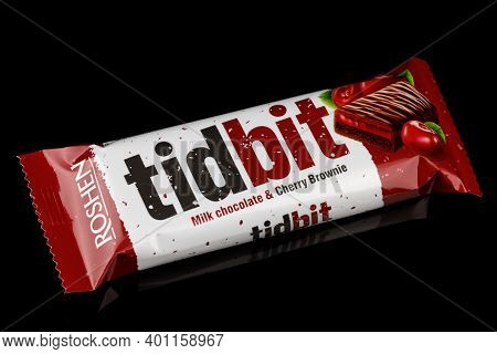 Lviv, Ukraine - December 15, 2020: Tidbit Chocolate Bar On A Black Background