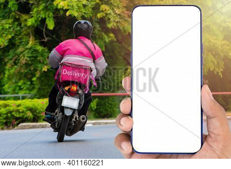A Smartphone With A Blank Screen For Writing Messages And Designing. Motorbike Driver Delivers Food 