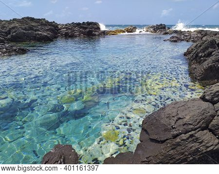 Natural Pool With Turquoise Waters In The Caribbean Sea. Swimming Area In Tropical Paradise. Natural