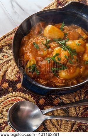 Hungarian Chicken Paprikash With Gnocchi Potato Dumplings And Parsley Garnish