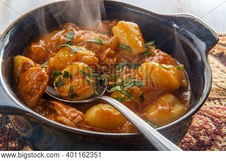 Hungarian Chicken Paprikash With Gnocchi Potato Dumplings And Parsley Garnish