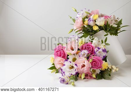 Mock Up Two Bouquets Of Different Sizes Of Roses, Daisies, Lisianthus, Chrysanthemums, Unopened Buds