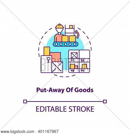 Put Away Of Goods Concept Icon. Warehouse Management Components. Stored Away On Shelves In Warehouse