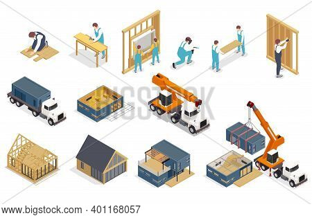 Modular Frame Building Isometric Composition With Isolated Icons Of Trucks And Images Of Buildings U
