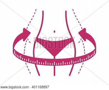 Losing Weight Icon - Diet, Fitness Or Liposaction Logo - Fat Woman Body In Dashed Line And Slim Figu