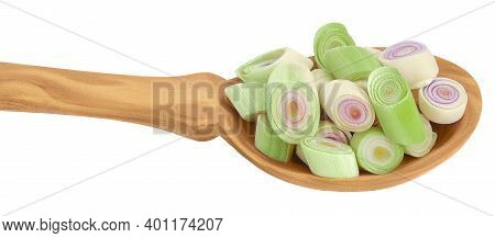 Fresh Lemongrass Slices In Wooden Spoon Isolated On White Background With Clipping Path And Full Dep