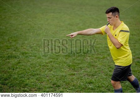 Referee Showing On Penalty While Gaming. Concept Of Sport, Rules Violation, Controversial Issues, Ob