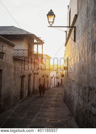 Picturesque Street Calle Los Cristales In Neighborhood Barrio San Lazaro In Historic Center Of Arequ
