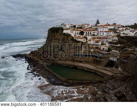 Panoramic View Of Seaside Town Azenhas Do Mar At Cliff Coast Beach Atlantic Ocean In Sintra Colares 