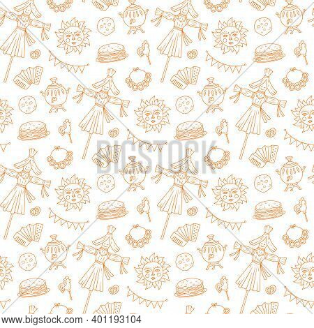 Shrovetide Seamless Pattern. Maslenitsa Week Elements - Blins, Sun, Scarecrow Of Winter, Accordion. 