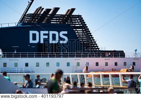 Calais, France - July 31 2020: DFDS ferry photographed from the deck of another ferry