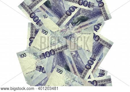 100 Philippine Piso Bills Flying Down Isolated On White. Many Banknotes Falling With White Copy Spac