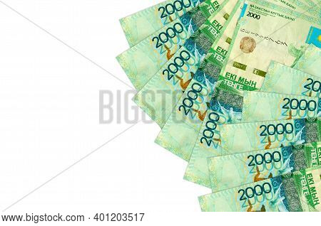 2000 Kazakhstani Tenge Bills Lies Isolated On White Background With Copy Space. Rich Life Conceptual