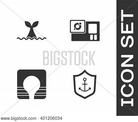Set Anchor Inside Shield, Whale Tail Ocean Wave, Life Jacket And Action Camera Icon. Vector