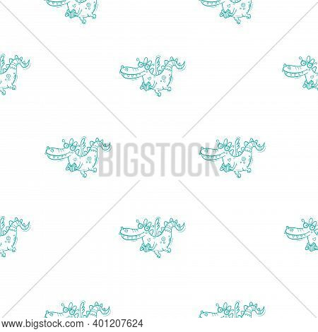 Seamless Pattern With  Cute Cartoon Smart Dragon. Funny Crocodile Print. Reading Reptile Poster. Vec