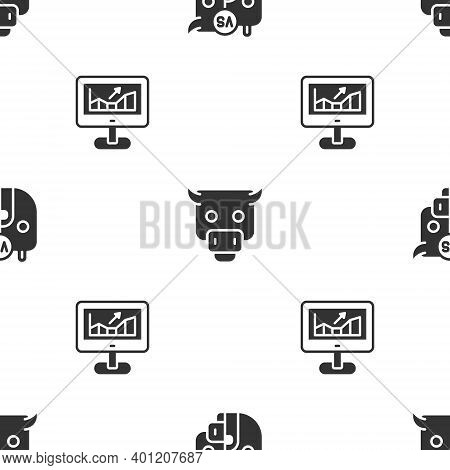Set Bull And Bear Of Stock Market, And Computer With Growth Graph On Seamless Pattern. Vector