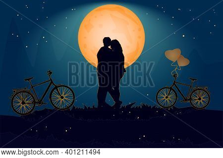 Couple In Evening Under The Orange Moon In Love Atmosphere. Valentine\'s Day Card With Romantic Coup