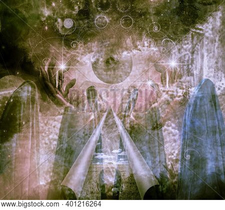 Mystical Abstract Painting, vivid colors  with hands holding large eye, figures draped in cloth and a tear in the image with curling edges. 3D rendering