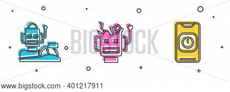 Set Robot Humanoid Driving A Car, Broken Robot And Turn Off From Phone Icon. Vector