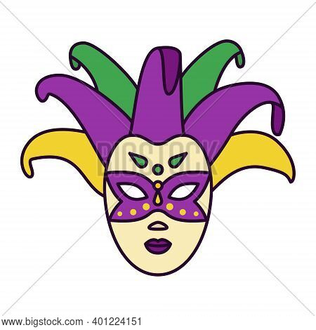 Bright Icon With Mystic Venetian Mask In Jester Hat, Traditional Purple, Green And Yellow Palette. S