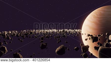 Planet Saturn Or Jupiter Close-up With Rocks Ring. 3d Illustration