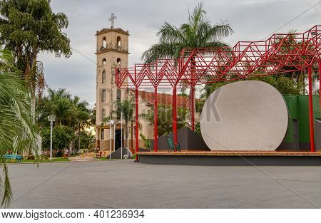Cassilandia, Mato Grosso Do Sul, Brazil - 12 21 2020: Sao Jose Square Events Stage In The Center Of 