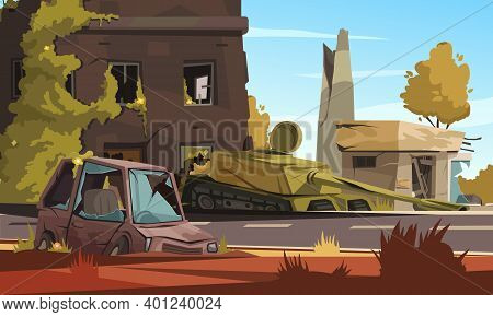 City Destroy In War Zone With Damaged Building Burned Car And Military Tank On Street Cartoon Vector
