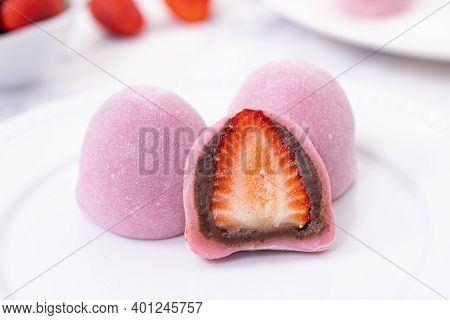 Japanese Confectionery Ichigo Daifuku, Small Round Glutinous Rice Dessert With Fresh Strawberry And 