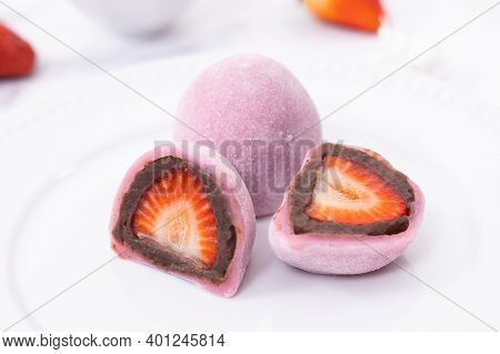 Japanese Confectionery Ichigo Daifuku, Small Round Glutinous Rice Dessert With Fresh Strawberry And 