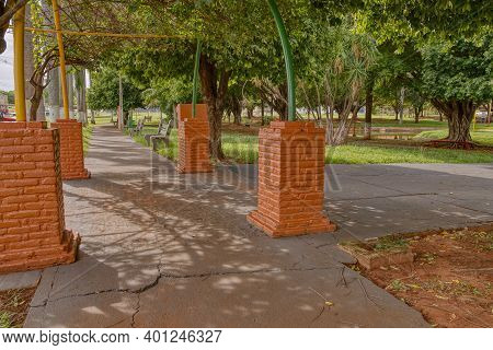 Cassilandia, Mato Grosso Do Sul, Brazil - 12 21 2020: Open Walking Area Square Elza Vendrame With Gr