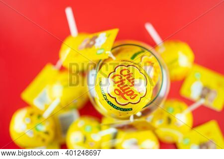 Samut Prakan, Thailand - December 29, 2020 : Chupa Chups Lollipop. The Entire Chupa Chups X Line Toy