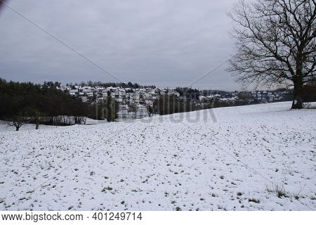 View Over The Heckengaeu To The Village Of Flacht In Winter