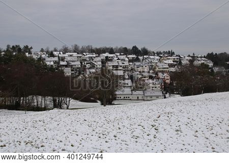 View Over The Heckengaeu To The Village Of Flacht In Winter